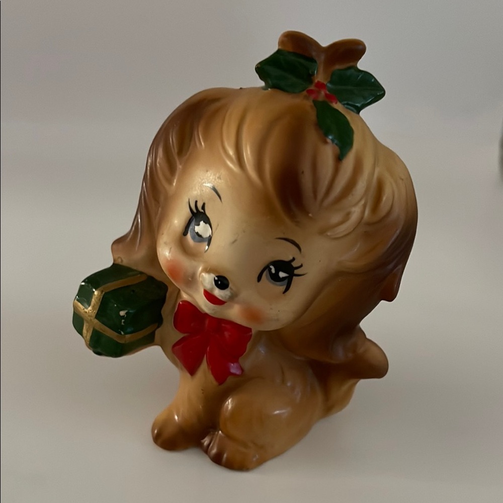 Vintage 1960's Lefton Ceramic Porcelain Puppy Dog Figurine with Gift #7696